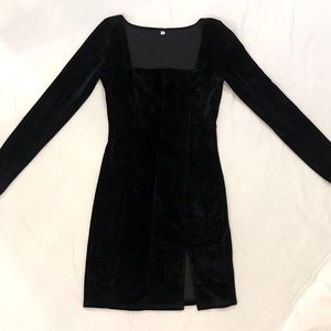 Velvet Square Neck Side Slit Long Sleeve Mini Dress